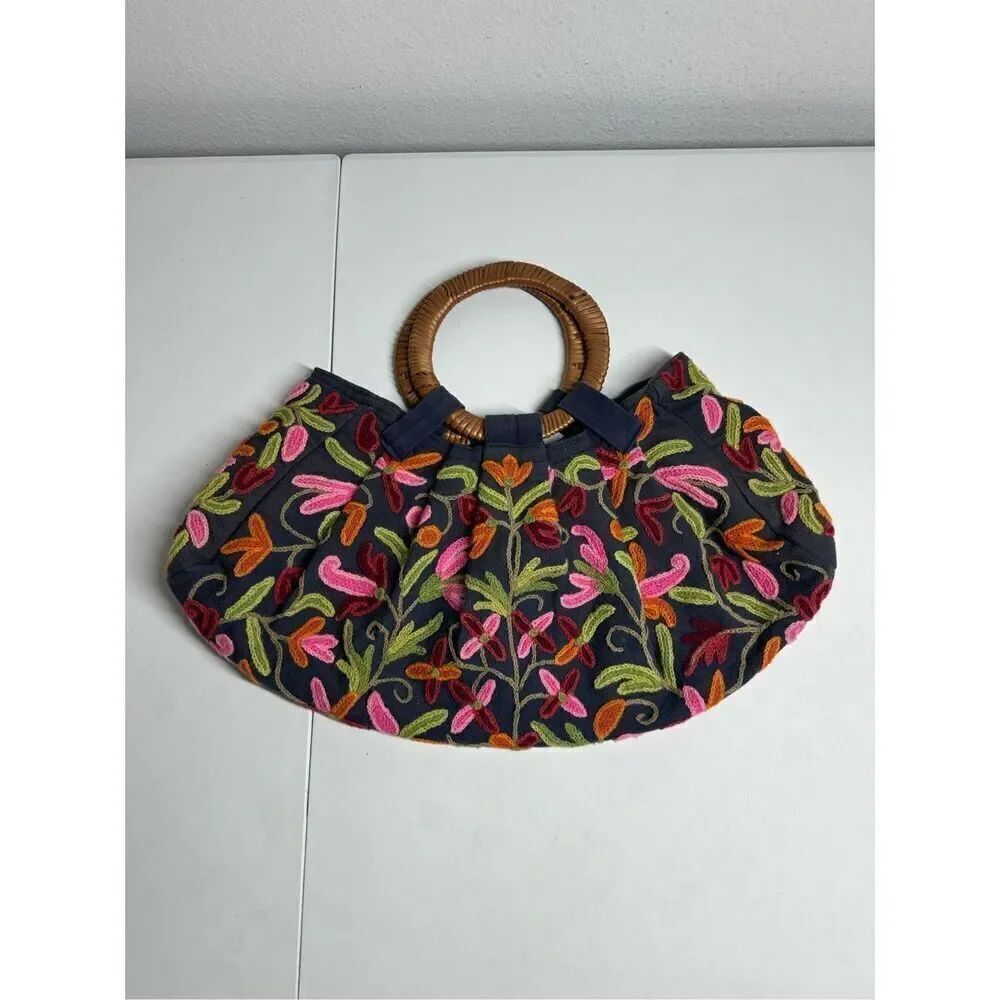 Earthdivas Kashmir Wool Crewel Work Bag Large Wood Handle Embroidered See Notes